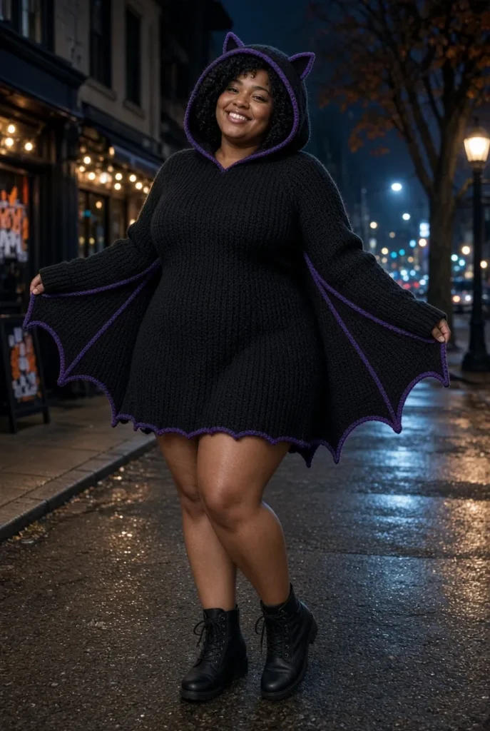 Plus Size Halloween Costume Black Hooded Bat Knitted Mini Dress