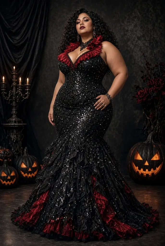 Plus Size Halloween Costume Black Mermaid Gothic Overlay Ruffle Sequin Maxi Dress