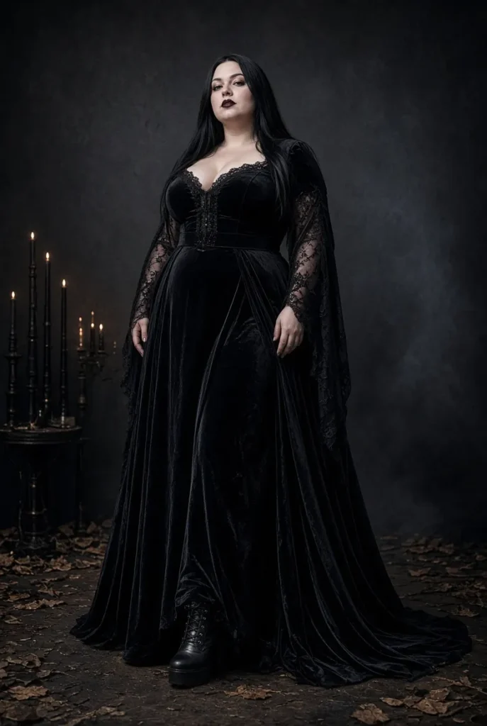 Plus Size Halloween Costume Gothic Black Velvet Witches Maxi Dress