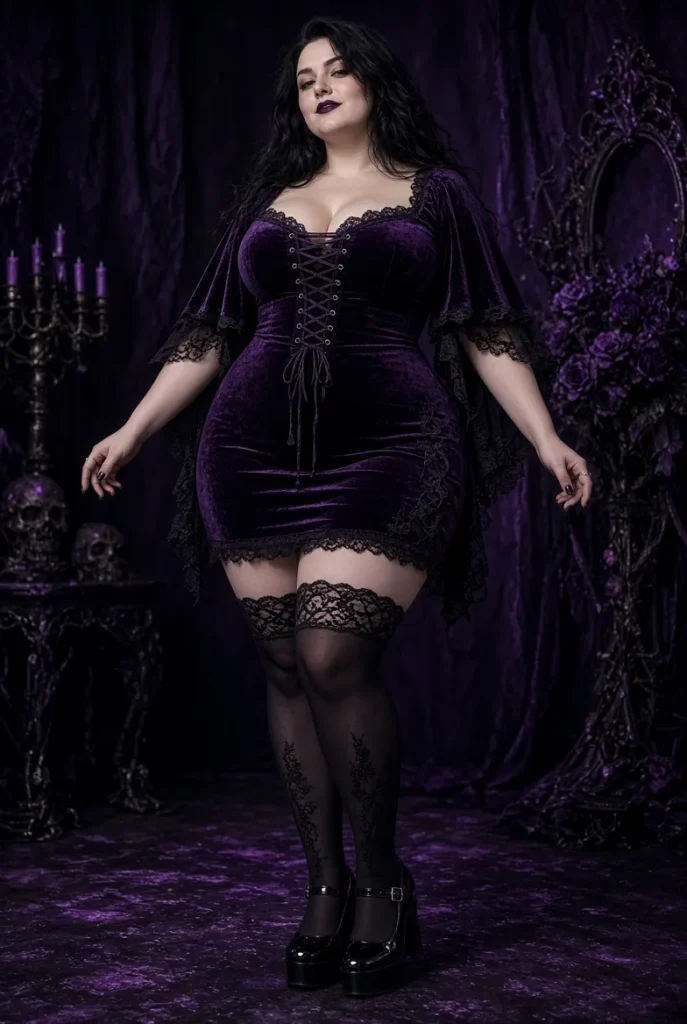 Plus Size Halloween Costume Gothic Purple Velvet Square Neck Flare Sleeve Lace-Up Mini Dress