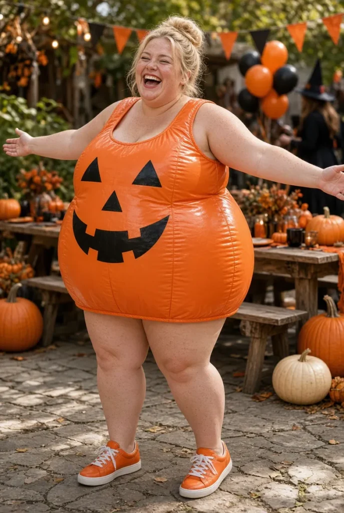 Plus Size Halloween Costume Orange Cosplay Inflatable Pumpkin Mini Dress