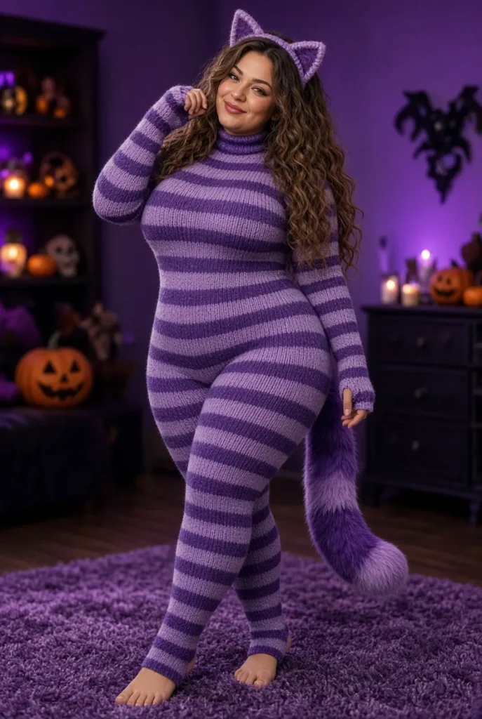 Plus Size Halloween Costume Purple Cosplay Kitten Knitted Jumpsuit