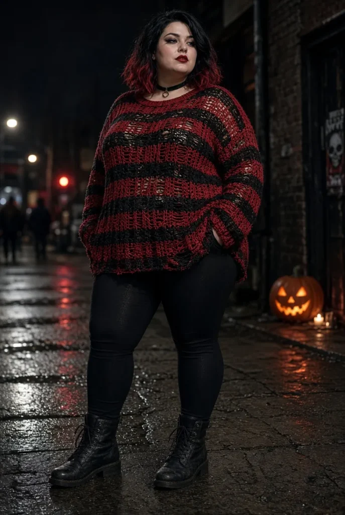 Plus Size Halloween Costume Red Gothic Crochet Round-Neck Long Sleeve Striped Sweater