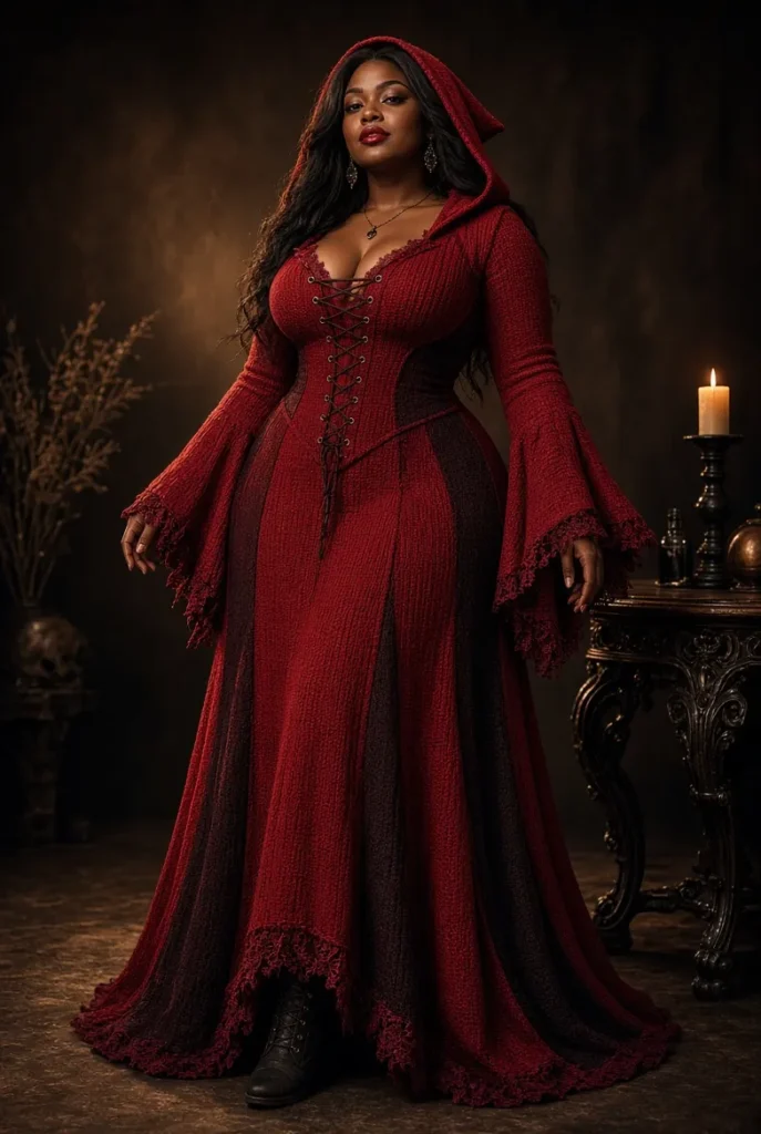 Plus Size Halloween Costume Red Hooded Lace Up Witches Trumpet Sleeve Knitted Maxi Dress
