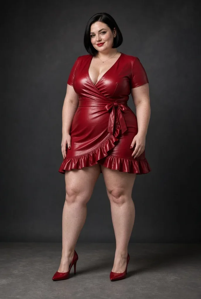 Plus Size Halloween Costume Red PU-Leather Short Sleeve Wrap Mini Dress