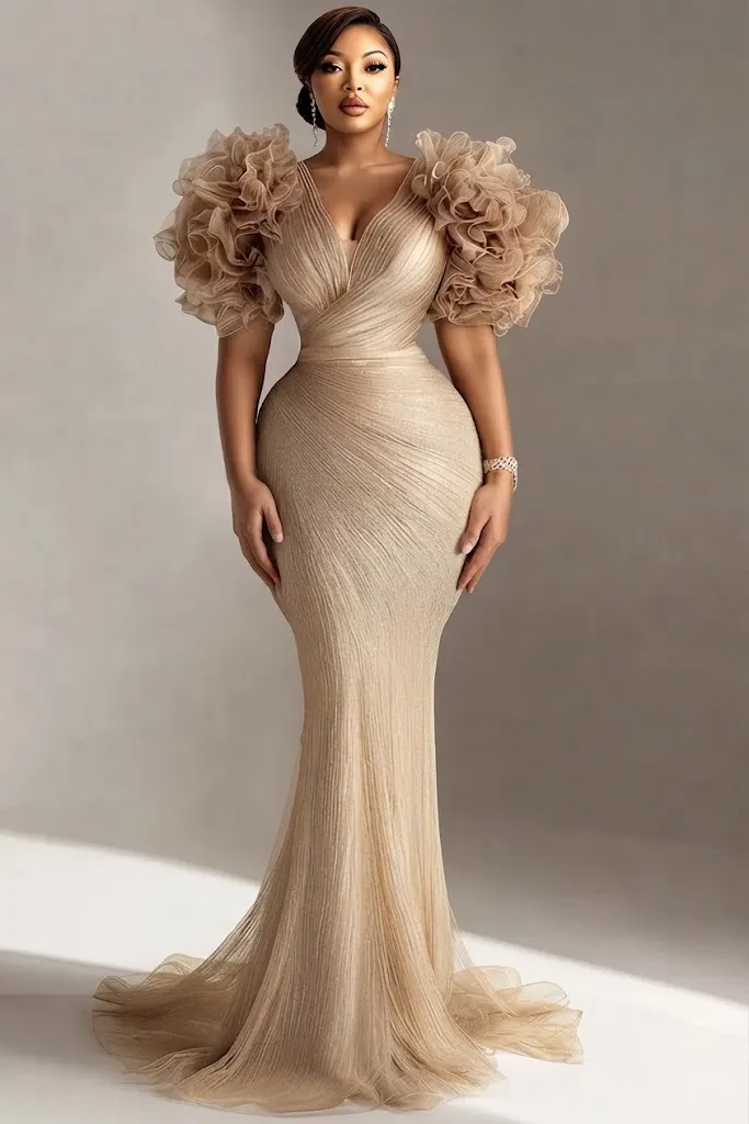 Plus Size Mother Of The Bride Champagne V-Neck Bodycon 3D Tulle Maxi Dress