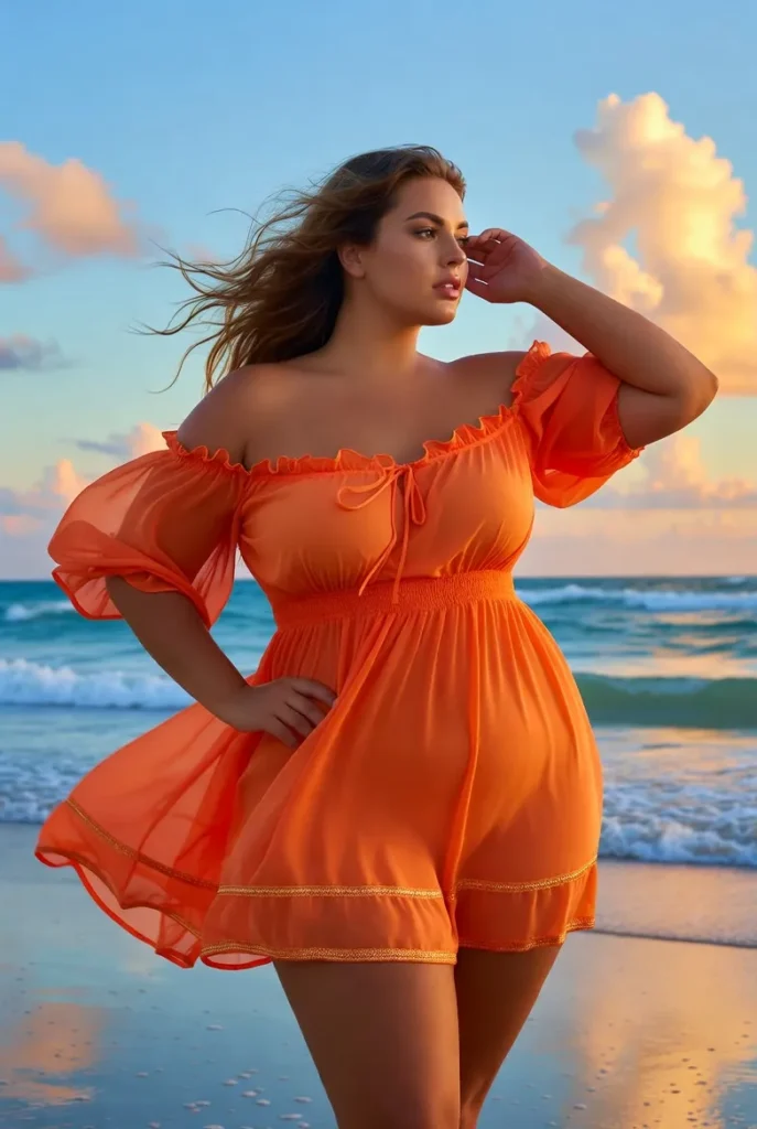 Plus Size Orange Off The Shoulder Lantern Sleeve Long Sleeve Ruffle Contrast Chiffon Mini Dress