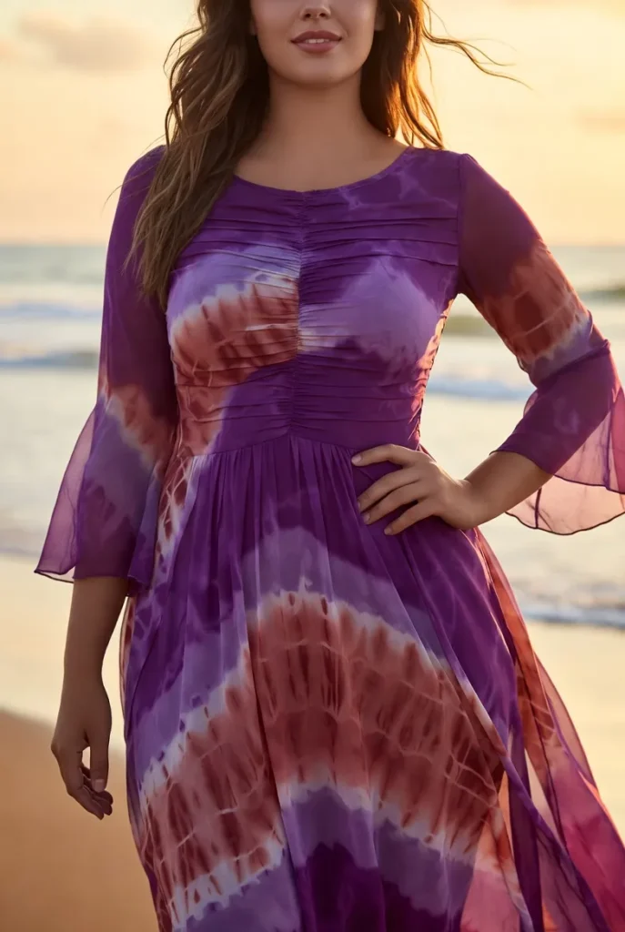Plus Size Purple Tie Dye Round Neck Flare 3/4 Sleeve Ruched Chiffon Maxi Dress