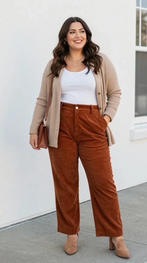 Plus Size Rust Corduroy Pants Autumn Outfit