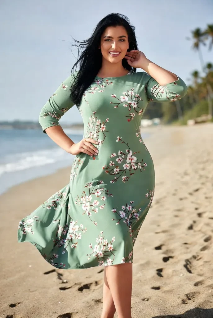 Plus Size Vacation Sage Green Floral Round Neck 3/4 Sleeve Midi Dress