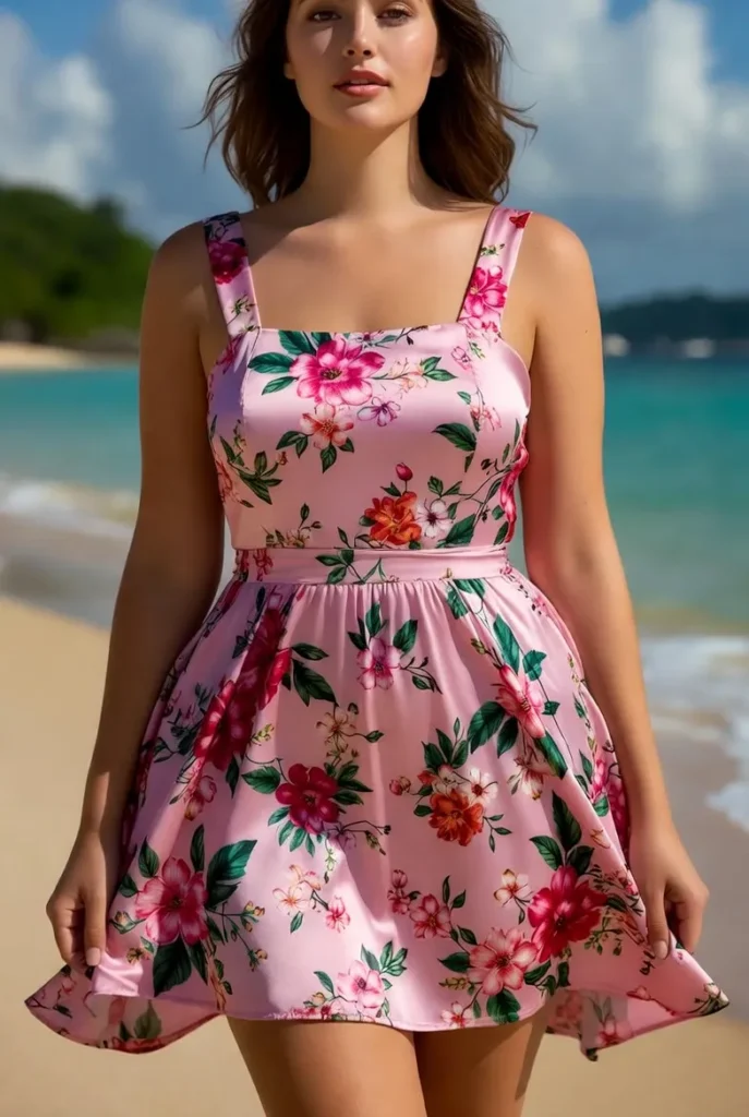 Plus Size Vacation Sundress Pink Floral Square Neck Pocket Satin Midi Dress