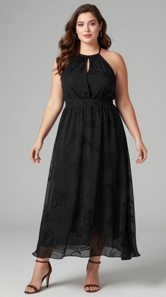 Plus Size Wedding Guest Black All-Over Print Halter Collar Ruffle Chiffon Midi Dress