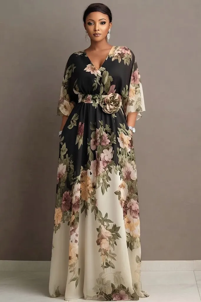Plus Size Wedding Guest Black Floral Round Neck Flare 34 Sleeve Pocket 3D Chiffon Maxi Dress