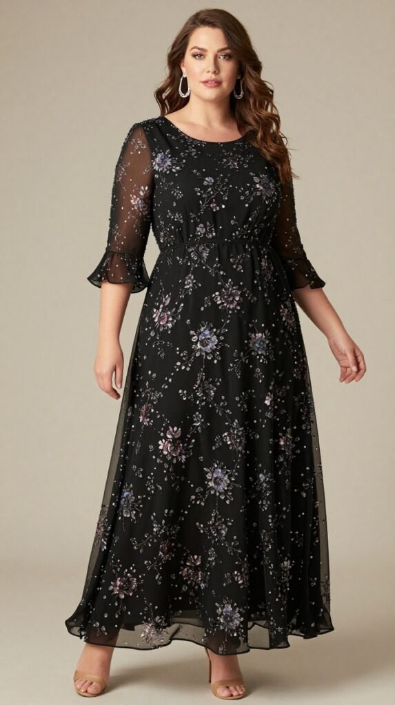 Plus Size Wedding Guest Black Floral Round Neck Flare 34 Sleeve Pocket 3D Chiffon Maxi Dress
