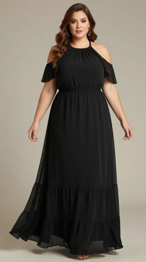 Plus Size Wedding Guest Black Halter Collar Cold Shoulder Short Sleeve Ruffle Tiered Chiffon Maxi Dress