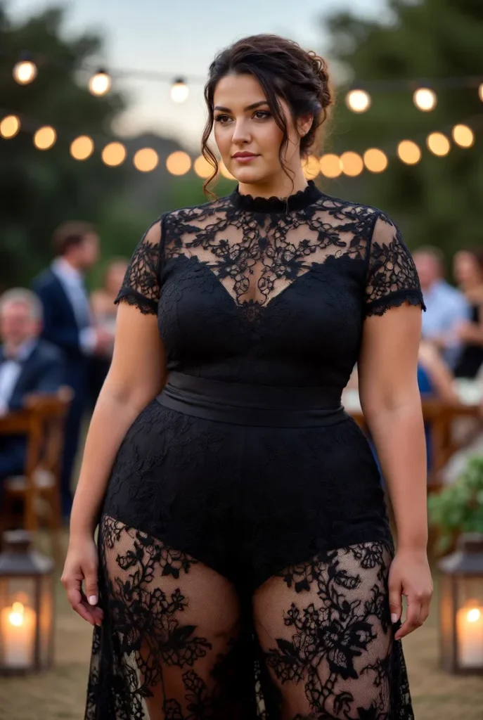 Plus Size Wedding Guest Black Mock Neck Short Sleeve See-Through Pocket Lace Jumpsuit