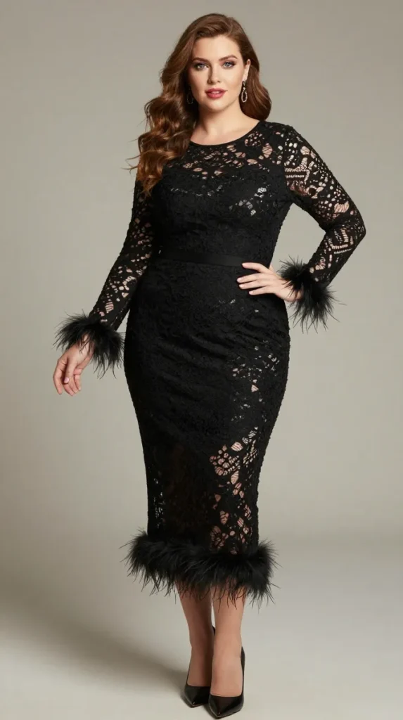 Plus Size Wedding Guest Black Round Neck Long Sleeve Feather Elegant Bodycon Lace Midi Dress