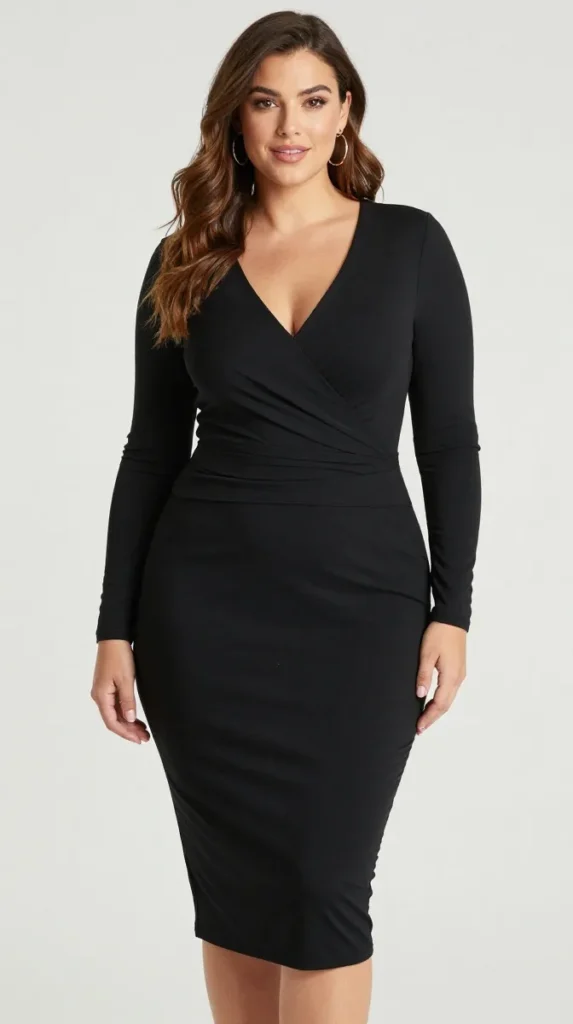 Plus Size Wedding Guest Black Wrap Neck Long Sleeve Bodycon Midi Dress