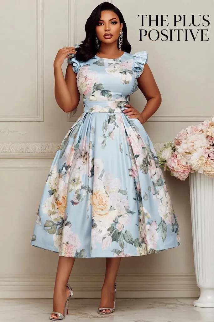 Plus Size Wedding Guest Blue Floral Round Neck Flutter Sleeve Pocket Ruffle Satin Midi Dress