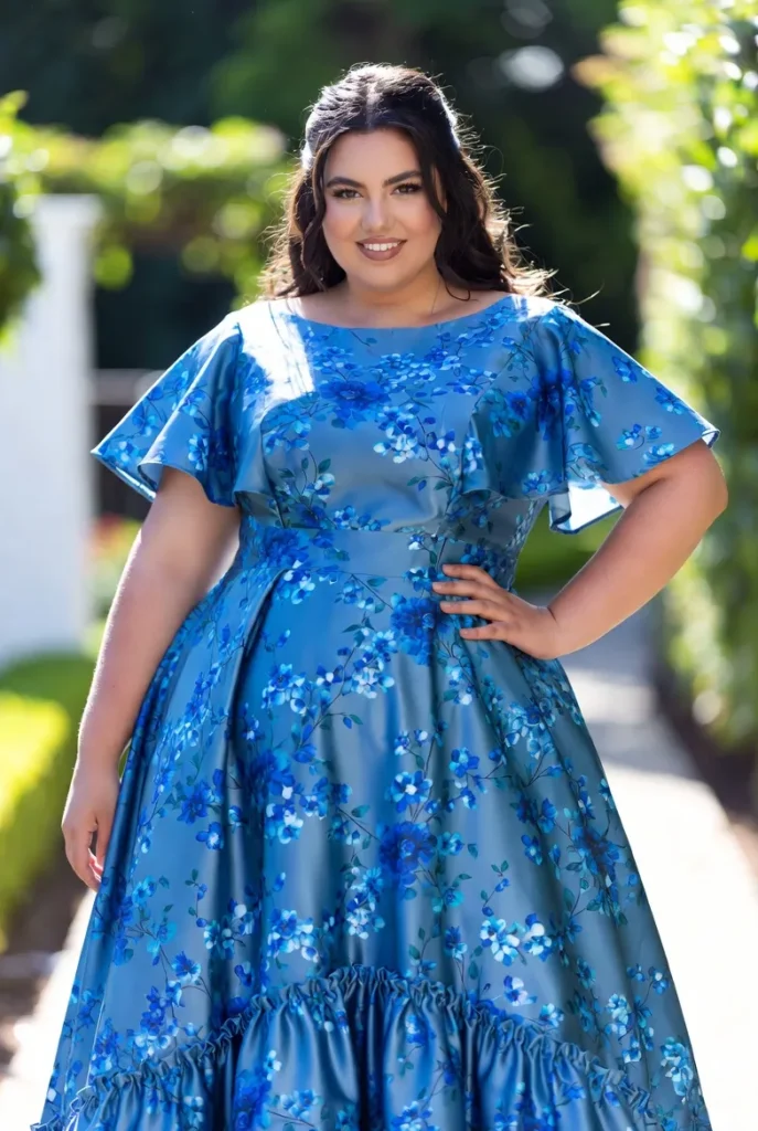 Plus Size Wedding Guest Blue Floral Round Neck Flutter Sleeve Pocket Ruffle Satin Midi Dress
