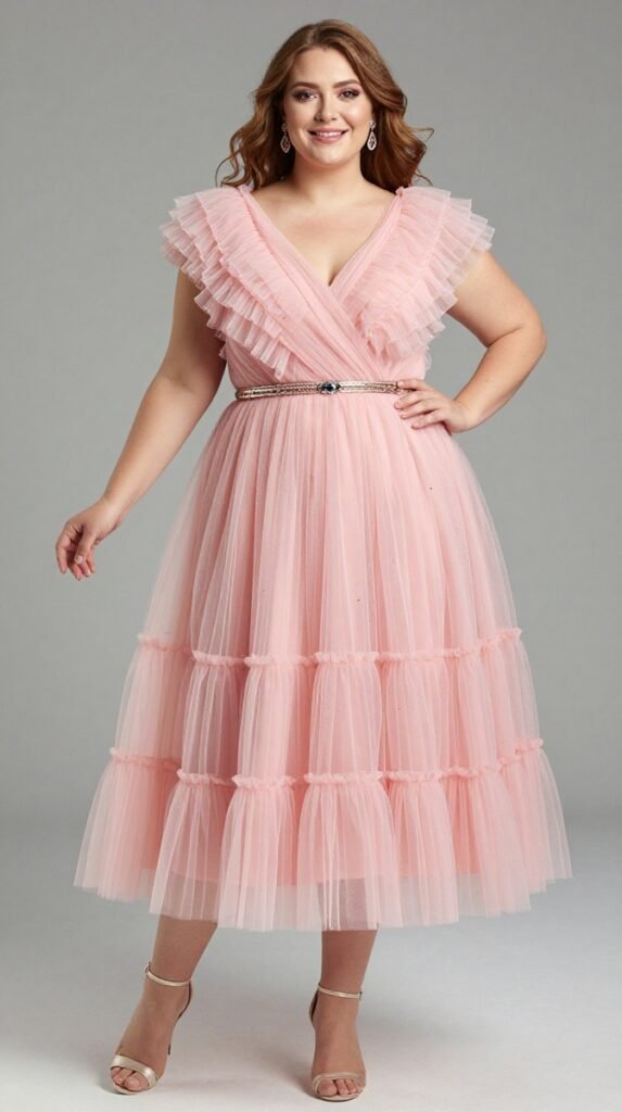 Plus Size Wedding Guest Champagne V-Neck Ruffle Tulle Midi Dress