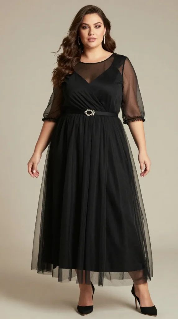 Plus Size Wedding Guest Elegant Black Round Neck Half Sleeve See-Through Tulle Midi Dress