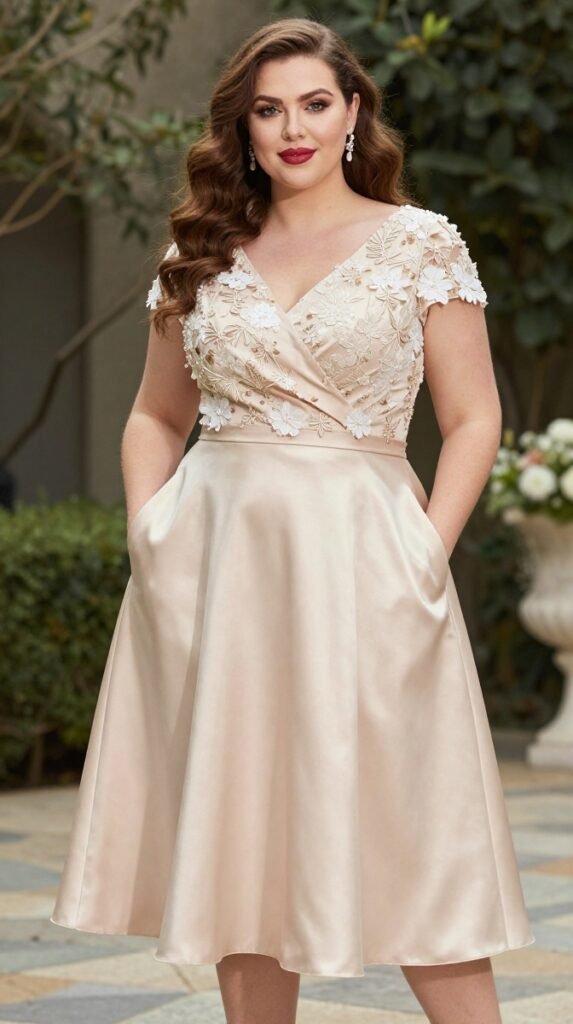 Plus Size Wedding Guest Elegant Champagne Floral Short Sleeve Pocket Satin Midi Dress