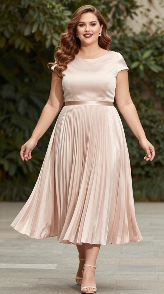 Plus Size Wedding Guest Elegant Champagne Round Neck Short Sleeve Pleated Satin Midi Dress