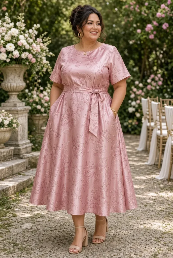 Plus Size Wedding Guest Elegant Pink Floral Round Neck Pocket Satin Midi Dress