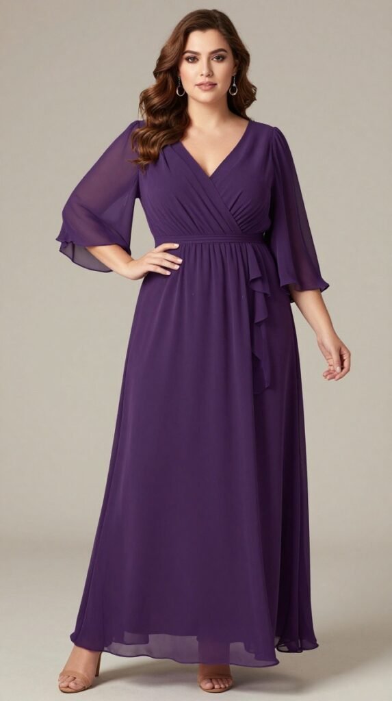 Plus Size Wedding Guest Elegant Purple V-Neck Lantern Sleeve Half Sleeve Ruffle See-Through Chiffon Midi Dress