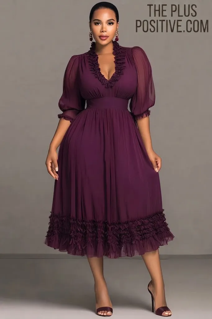Plus Size Wedding Guest Elegant Purple V Neck Lantern Sleeve Half Sleeve Ruffle See Through Chiffon Midi Dress