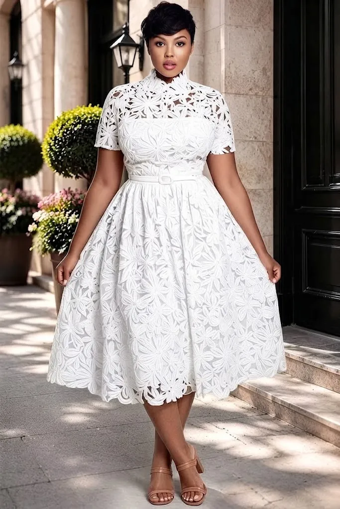 Plus Size Wedding Guest Elegant White Mock Neck Short Sleeve See Through Lace Midi Dress