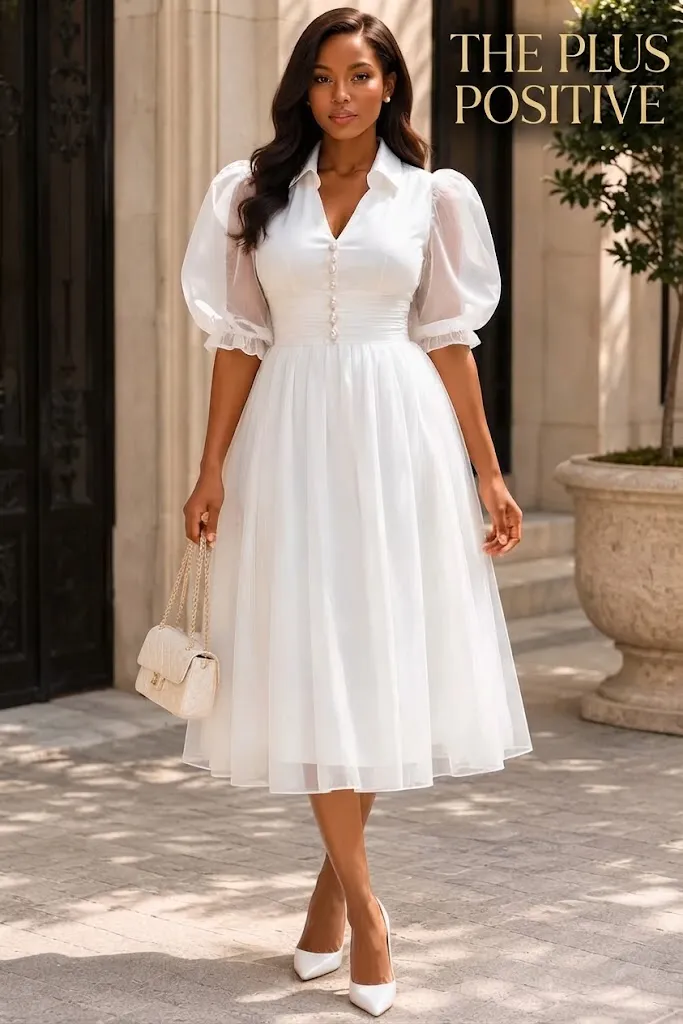 Plus Size Wedding Guest Elegant White Shirt Collar Puff Sleeve Short Sleeve Pearls Tulle Midi Dress