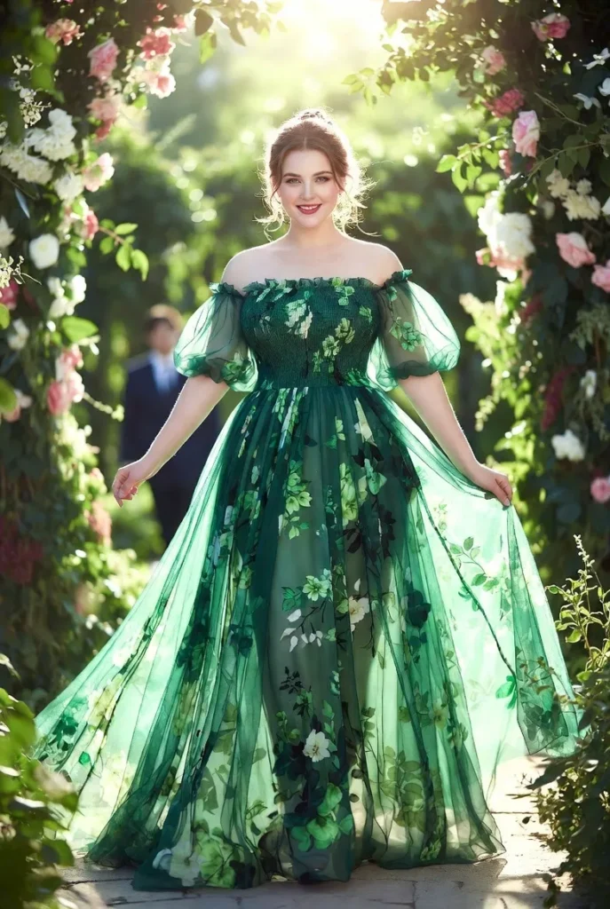 Plus Size Wedding Guest Green Floral Off The Shoulder Short Sleeve Smocking Chiffon Midi Dress