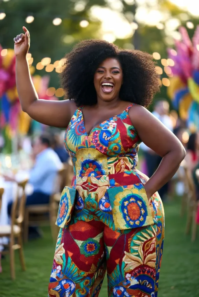 Plus Size Wedding Guest Multicolor All Over Print V-Neck 3D Pocket Jumpsuit