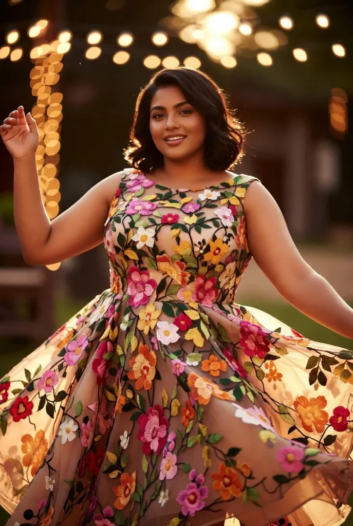 Plus Size Wedding Guest Multicolor Floral Round Neck Pocket Organza Midi Dress