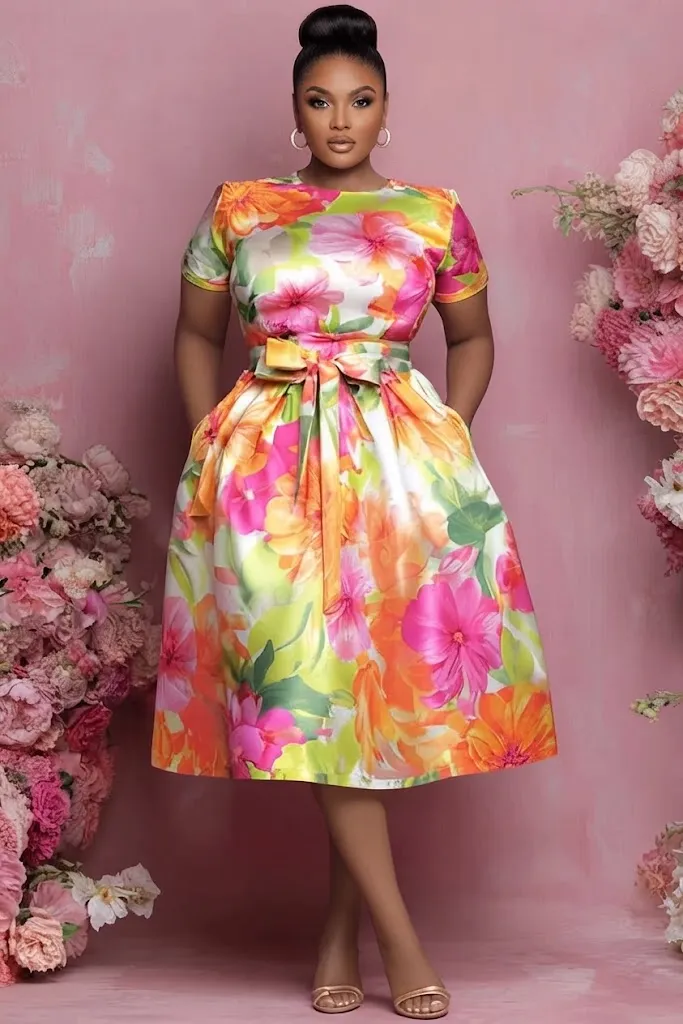 Plus Size Wedding Guest Multicolor Floral Round Neck Short Sleeve Pocket Wrap Satin Midi Dress