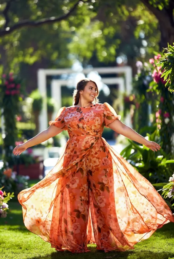 Plus Size Wedding Guest Orange Floral Round Neck Puff Sleeve Short Sleeve Pocket Wrap Chiffon Jumpsuit