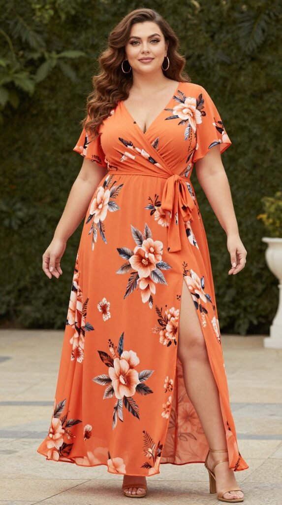 Plus Size Wedding Guest Orange Floral Wrap Neck Short Sleeve Split Wrap Chiffon Maxi Dress