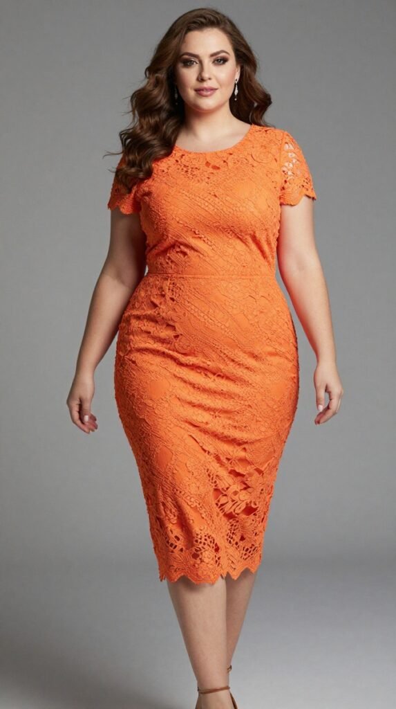 Plus Size Wedding Guest Orange Round Neck Short Sleeve 3D Bodycon Lace Midi Dress