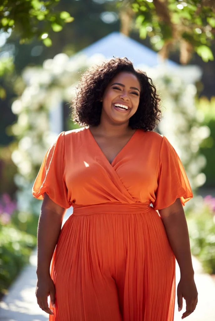 Plus Size Wedding Guest Orange Wrap Neck Lantern Sleeve Short Sleeve Pleated Jumpsuit