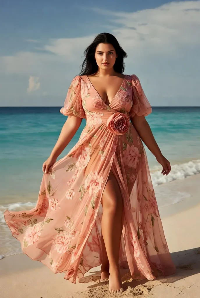 Plus Size Wedding Guest Peach Floral V-Neck Puff Sleeve 3D Split Chiffon Maxi Dress