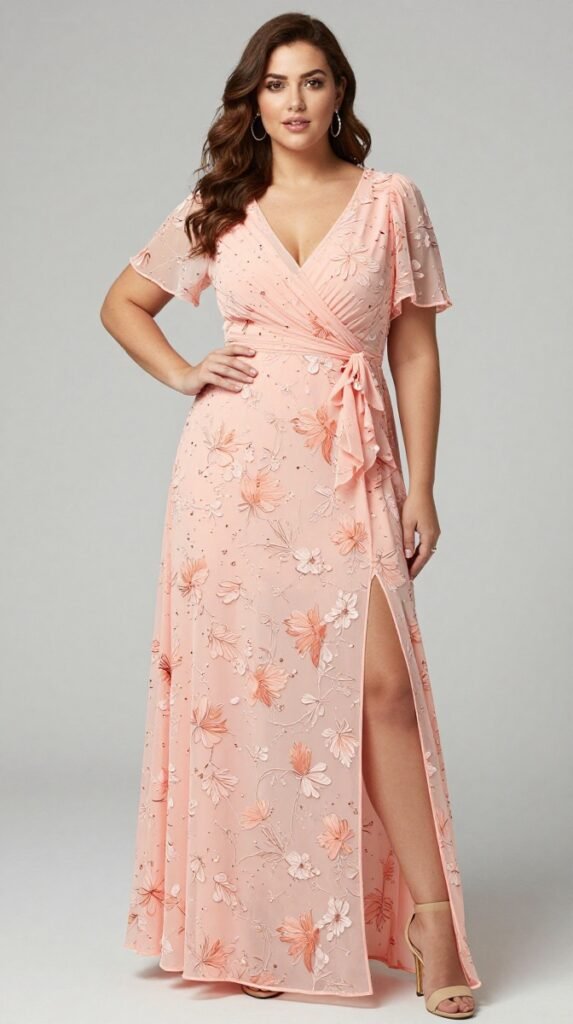 Plus Size Wedding Guest Peach Floral V-Neck Puff Sleeve Short Sleeve 3D Split Chiffon Maxi Dress