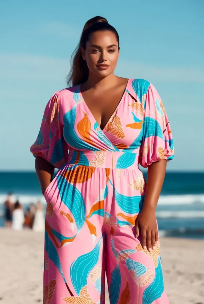 Plus Size Wedding Guest Pink All Over Print V-Neck Short Sleeve Pocket Wide Leg Jumpsuit