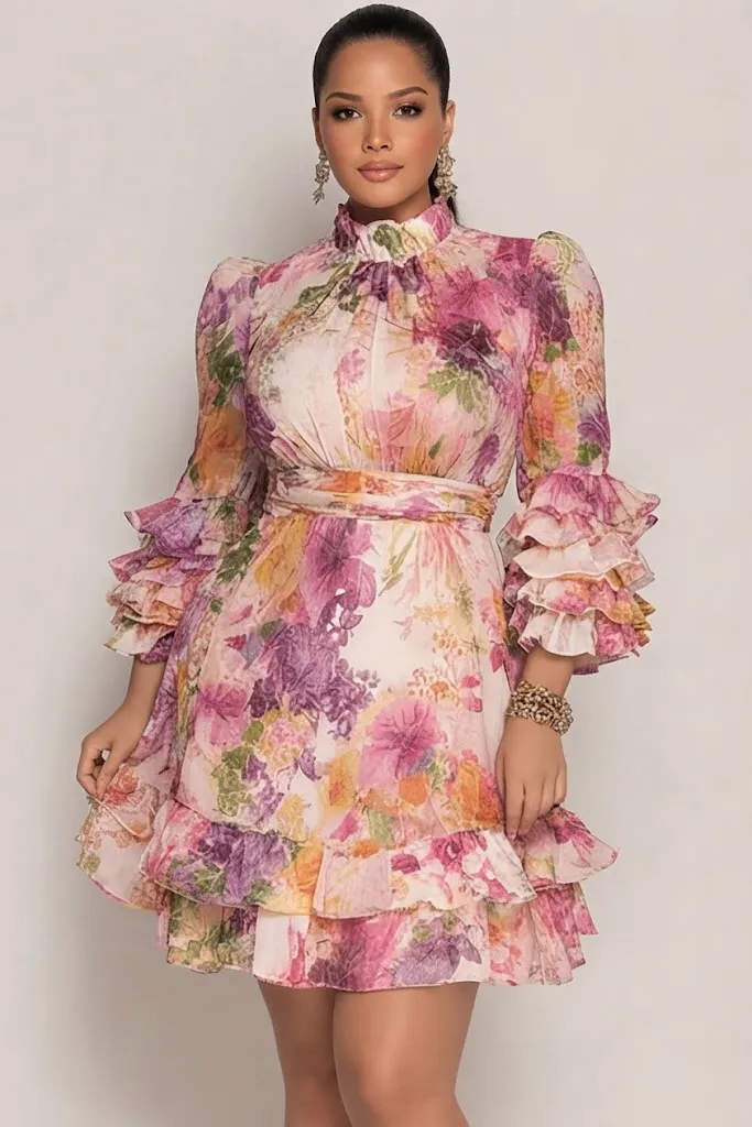 Plus Size Wedding Guest Pink Floral Mock Neck 34 Sleeve Ruffle Chiffon Mini Dress