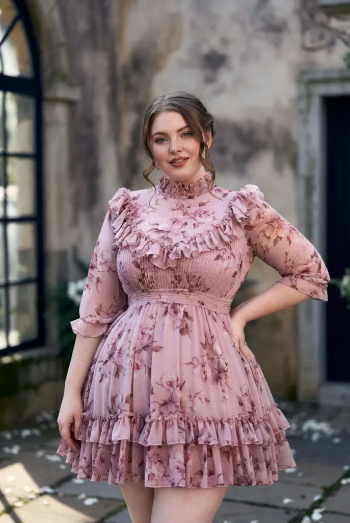 Plus Size Wedding Guest Pink Floral Mock Neck 34 Sleeve Ruffle Chiffon Mini Dress