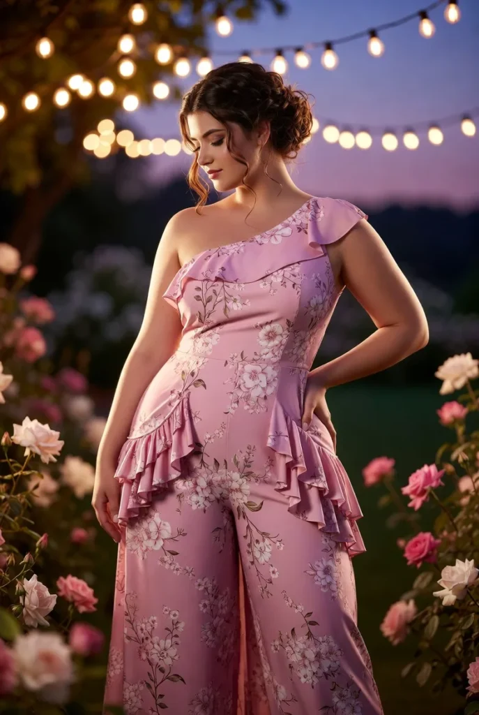 Plus Size Wedding Guest Pink Floral One Shoulder Ruffle Pocket Jumpsuit