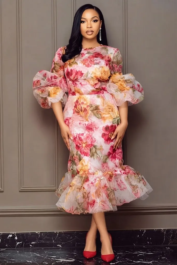 Plus Size Wedding Guest Pink Floral Round Neck Flare Half Sleeve Mermaid Ruffle Chiffon Midi Dress