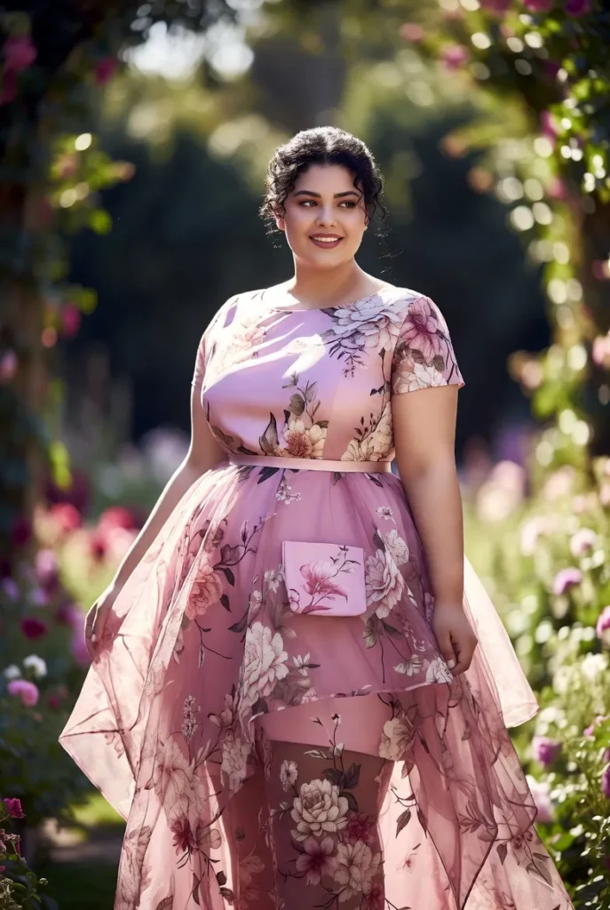 Plus Size Wedding Guest Pink Floral Round Neck Short Sleeve Pocket See Through Chiffon Midi Dress