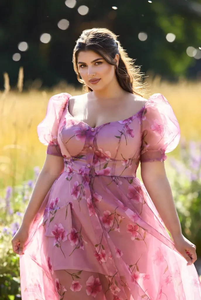 Plus Size Wedding Guest Pink Floral Shirt Collar Puff Sleeve Short Sleeve Pocket Organza Maxi Dress